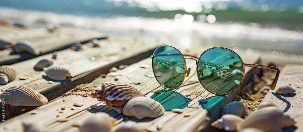 Poster seashells on a green wooden plank alongside sunglasses. with copy space image. place for adding text