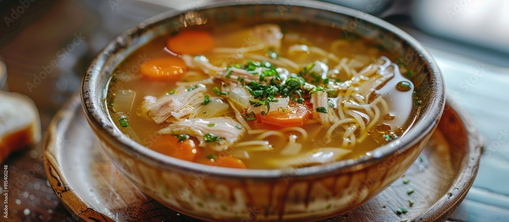 Aufkleber chicken broth containing homemade noodles chicken hearts and finely chopped green onions the soup is