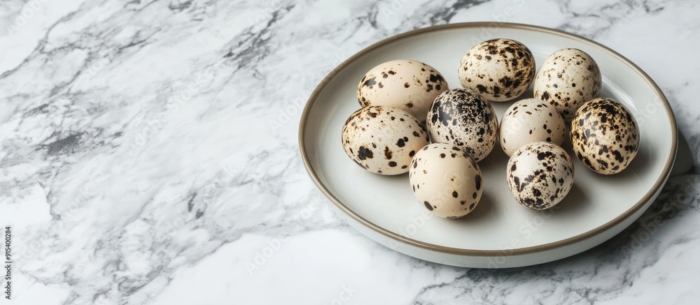 Poster Quail eggs on a plate The plate rests on a marble surface. with copy space image. Place for adding text or design