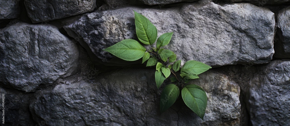 Aufkleber leaves of a green plant emerging from a stone wall. with copy space image. place for adding text or 