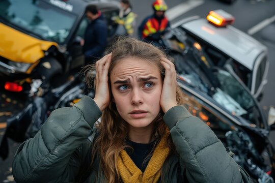 A young woman holds her head in distress at the scene of a severe car crash with blurred figures of emergency responders and damaged vehicles in the background.