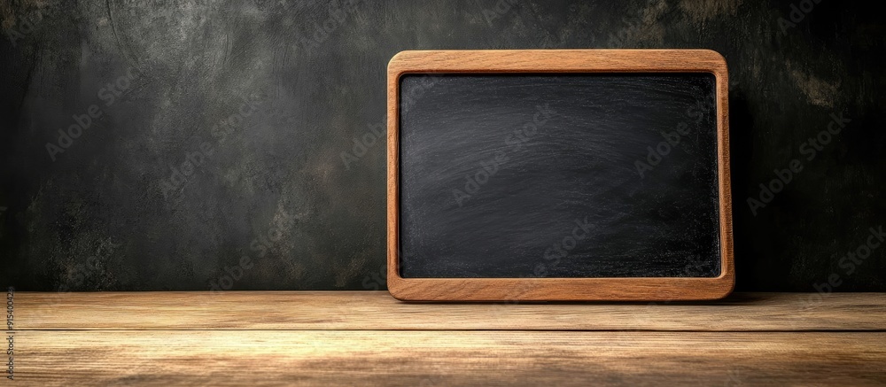 Fototapete small black board on a wooden table blank blackboard isolated. with copy space image. place for addi