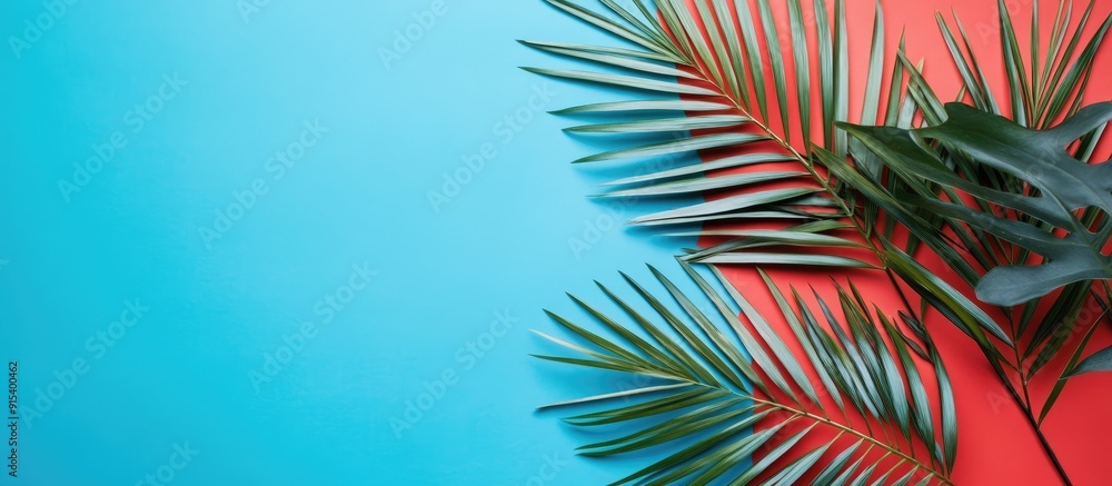 Poster Palm leaves are arranged on a blue and red background This is a minimal flat lay composition featuring copy space conveying a tropical and calming decorative theme