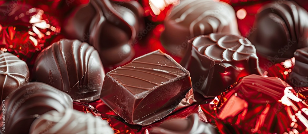 Leinwandbilder Close up of chocolate candies wrapped in red paper on a white background. with copy space image. Place for adding text or design