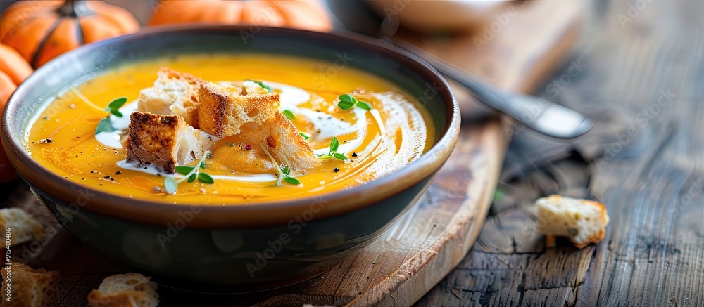 Poster tasty pumpkin soup topped with thick cream on a dark rustic wooden table accompanied by croutons sid