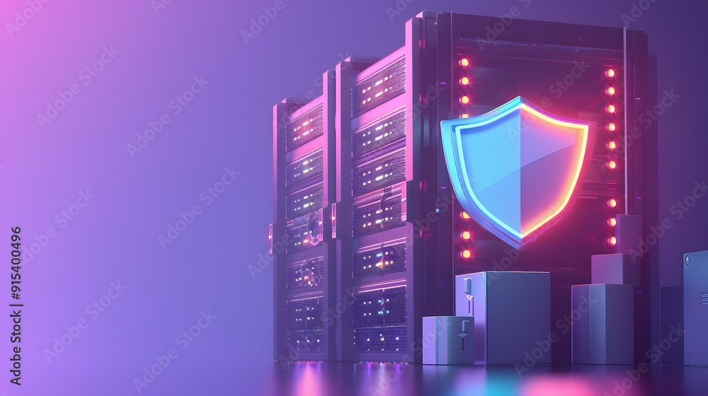 Aufkleber futuristic server room with glowing shield icon representing cybersecurity and data protection. mode