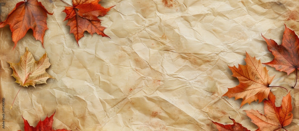 Poster An aged empty sheet of paper resting on vibrant maple leaves Thanksgiving fall season. with copy space image. Place for adding text or design