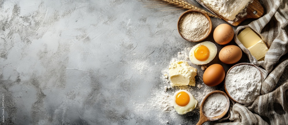 Poster bakery backdrop ingredients for an easter cake or dessert recipe including eggs flour and butter arr