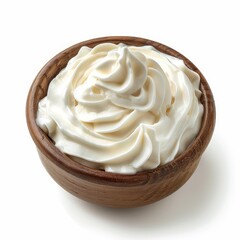 Creamy whipped cream in a wooden bowl on a white background, perfect for culinary and dessert themes.