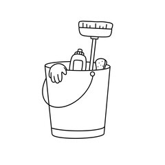 A bucket with a brush and other cleaning supplies inside