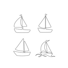 Sailboat continuous line drawing, ships, sailing boat silhouette, yacht in the sea single line on a white background, isolated vector illustration, tattoo, print and logo design.
