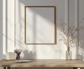 Frame mockup, ISO A paper size. Desk wall poster mockup. Interior mockup with house background. Modern interior design. 3D render 