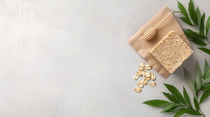 Handmade soap with oatmeal, shea butter, and honey arranged alongside craft paper, showcasing a natural beauty theme