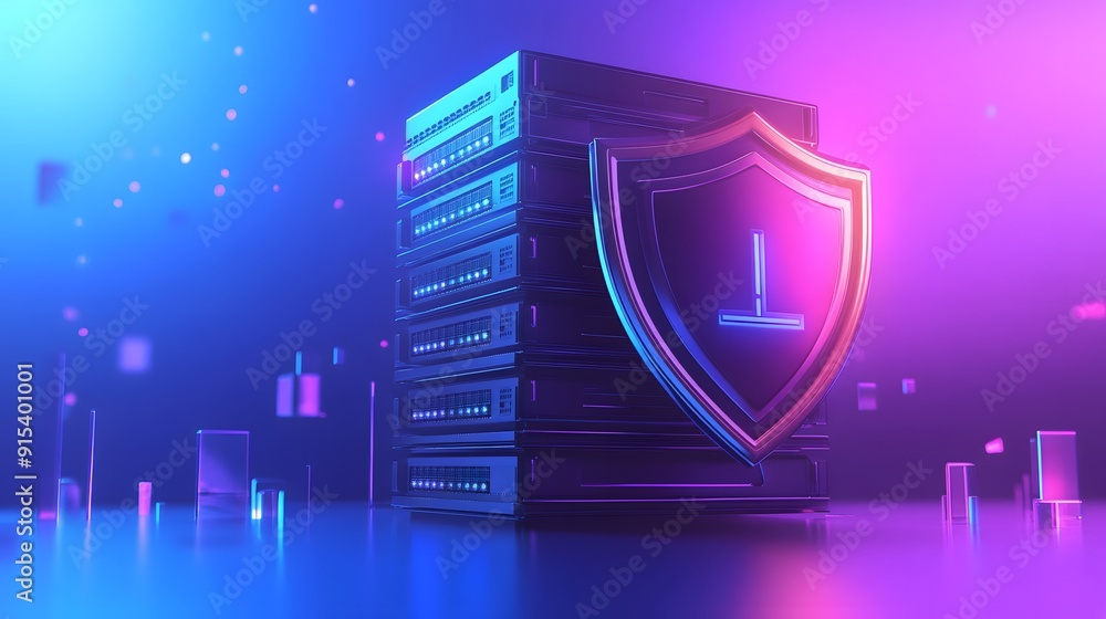 Poster futuristic server security concept with shield and neon lights, representing data protection and cyb