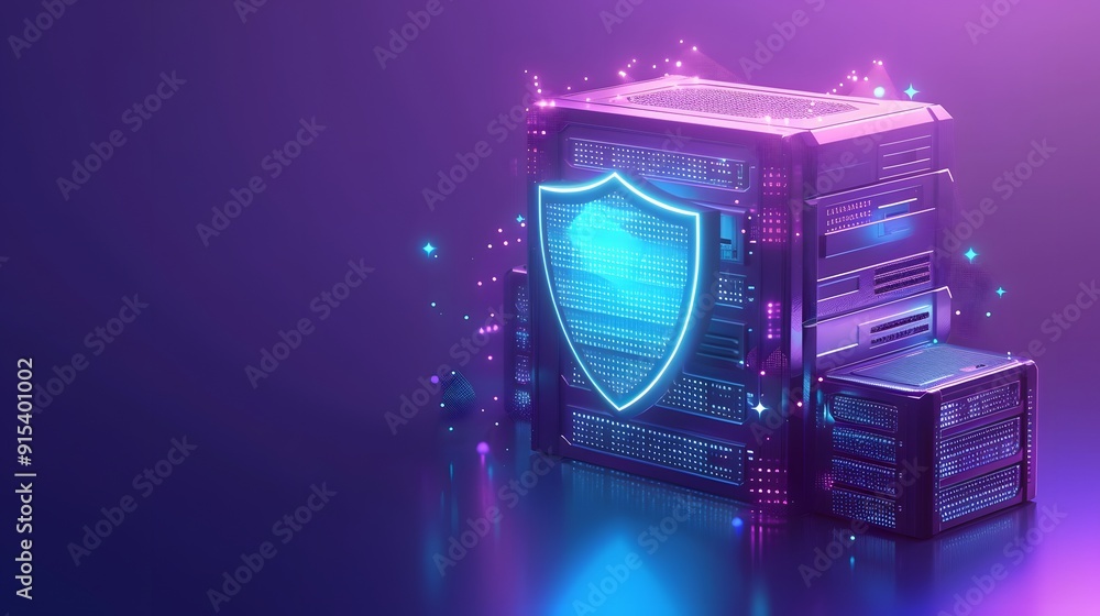 Poster futuristic server security concept with neon shield and stacks of servers, data protection and cyber