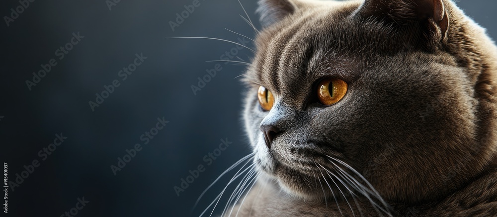 Aufkleber Close up portrait of a British Shorthair cat resting against a gray background. with copy space image. Place for adding text or design