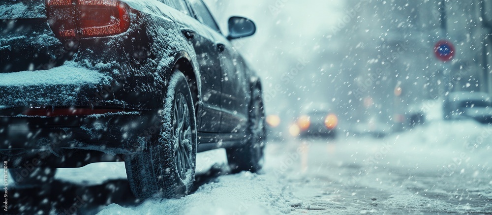 Poster Close up of a car in the snow following a snowstorm. with copy space image. Place for adding text or design
