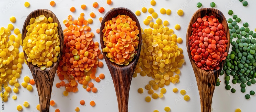 Poster Yellow red and green lentils in a wooden spoon isolated on a white background providing copy space for your text Top view