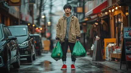 Korean Man with Black Hair in Gray Outfit, Red Shoes, and White Socks Holding Green Bags on Street with Black Cars and Old Building