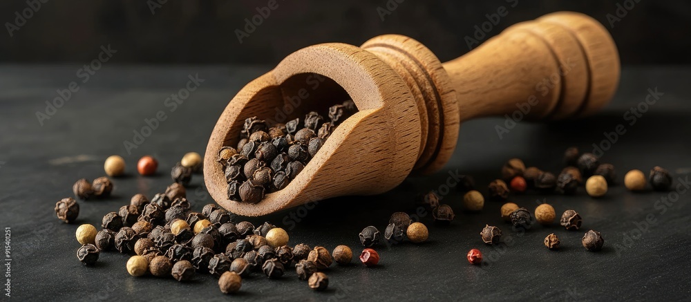 Leinwandbilder Pepper mill and whole pepper in a wooden scoop on a black table. with copy space image. Place for adding text or design