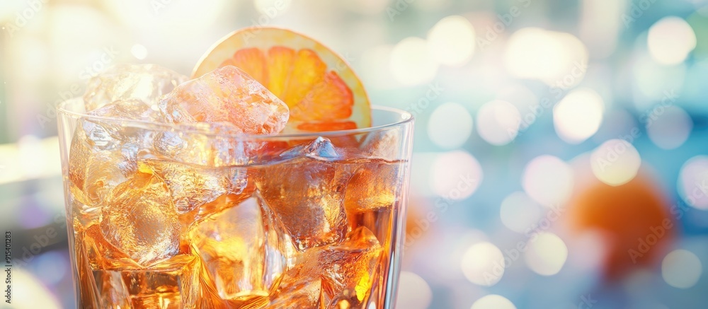 Aufkleber Close up of a cocktail glass filled with ice and tangerines set against a blurred interior background. with copy space image. Place for adding text or design
