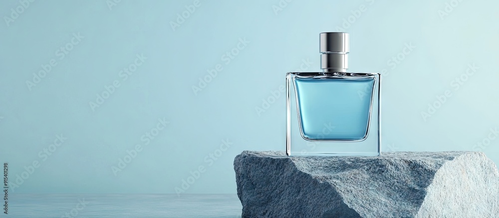 Poster Elegant display of luxury men s perfume on stone with a light blue background Area for text. with copy space image. Place for adding text or design