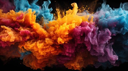 Naklejka premium Colored powder explosion abstract closeup of dust splash on black backdrop, mixed digital illustration and matte painting 