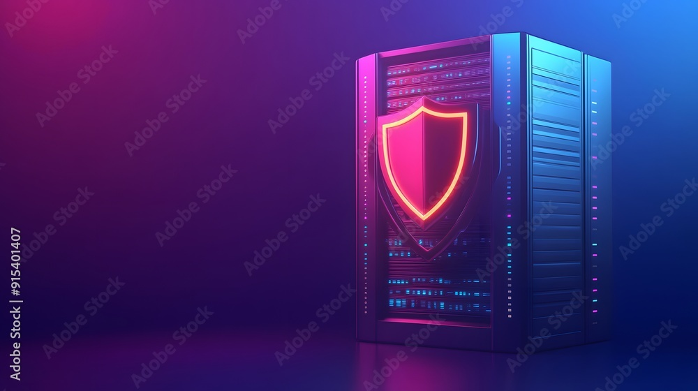 Poster futuristic server with a glowing shield icon representing cybersecurity and data protection in a vib