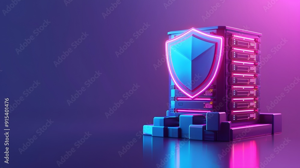 Poster futuristic server with a shield symbolizing cybersecurity, data protection, and digital security. ne