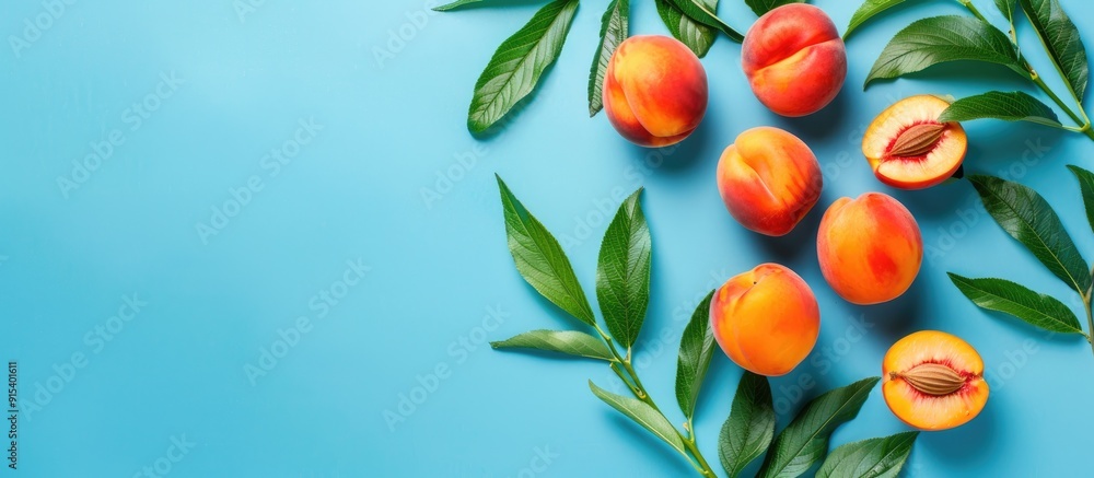 Poster Ripe nectarine with leaves set against a blue background providing copy space for your text Top view Flat lay arrangement