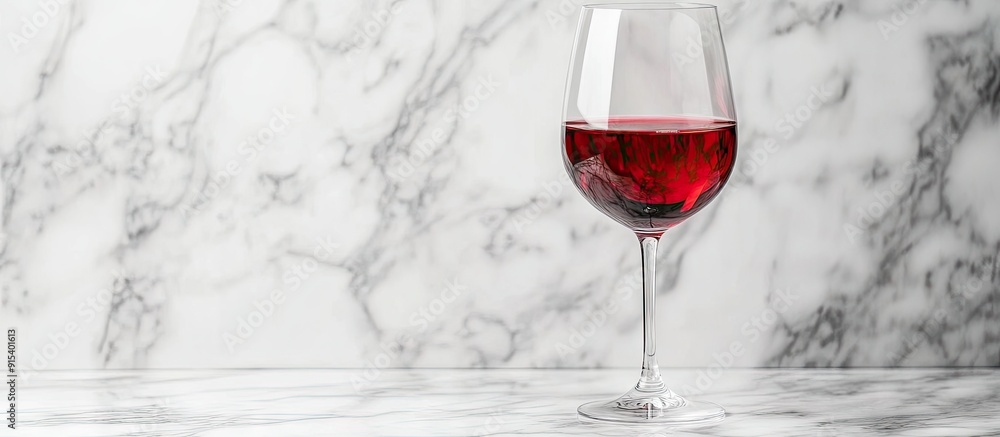 Poster glass of red wine on marble surface isolated against grey background. with copy space image. Place for adding text or design