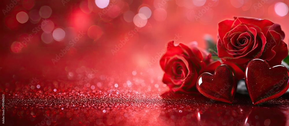 Poster valentine s day greeting card featuring hearts and roses on a shiny red backdrop with copy space