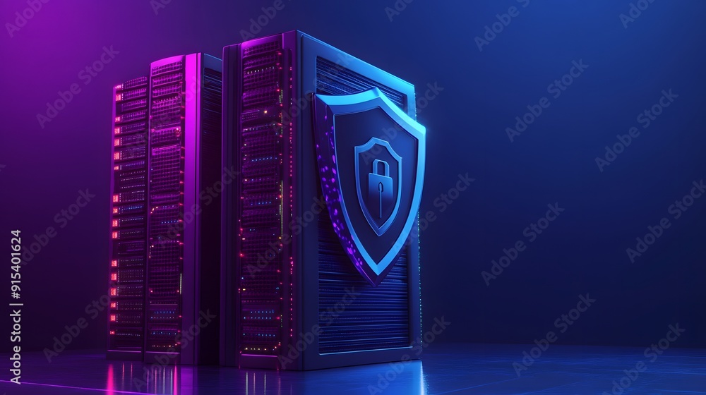 Poster futuristic server with cybersecurity shield icon, illuminated by neon lights. concept of data protec