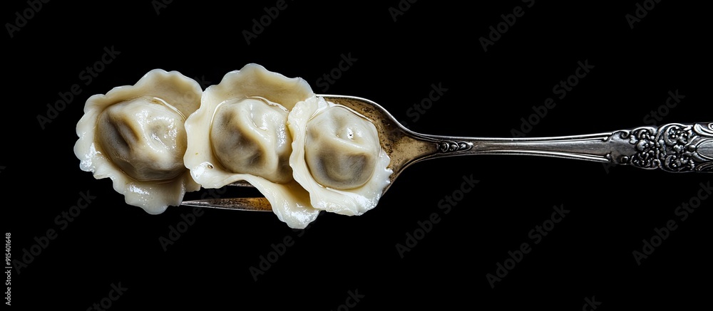 Poster isolated traditional russian pelmeni ravioli and meat dumplings on a vintage fork against a black ba