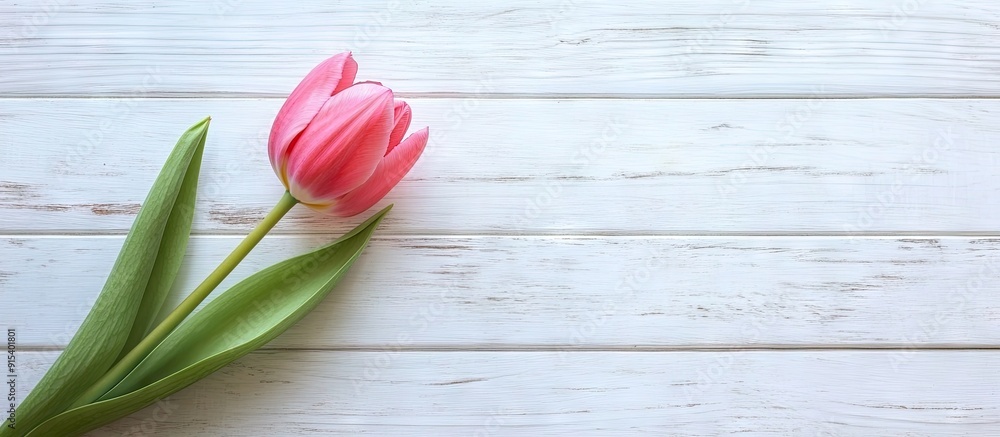 Aufkleber Spring flowers Pink tulip on a white wooden surface. with copy space image. Place for adding text or design