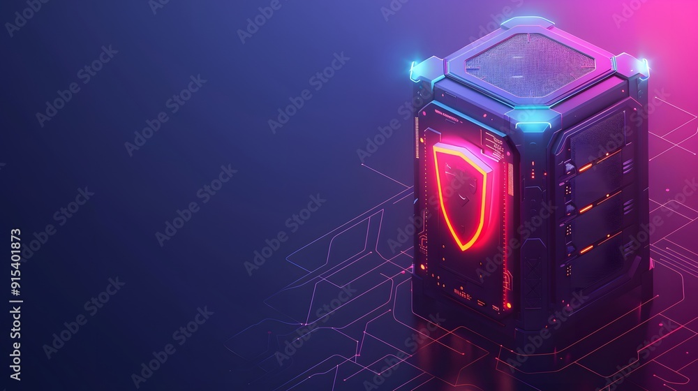 Poster futuristic server with neon lights symbolizing cybersecurity and data protection in a digital networ