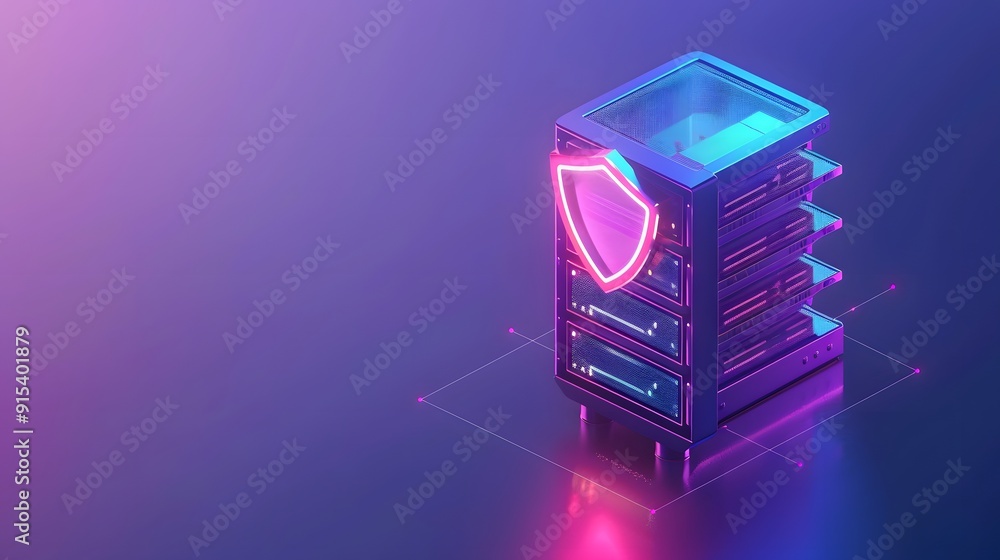 Poster futuristic server with neon lights, representing data security and technology. high-tech digital con