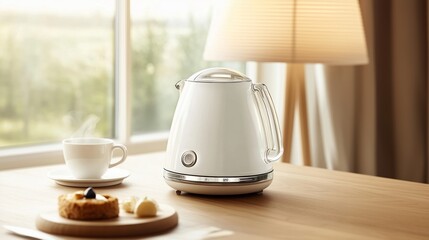 A white electric kettle and tea set on a wooden table beside a window with sunlight streaming in during morning hours