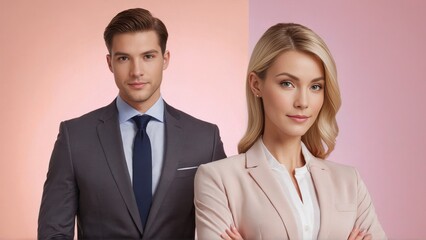 A businessman and a businesswoman standing together in a suit in the studio. A business team together.