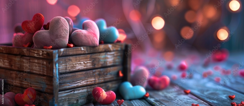Poster vibrant hearts and a wooden box. with copy space image. place for adding text or design