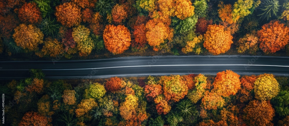 Poster aerial perspective of a highway surrounded by autumn foliage in the forest. with copy space image. p