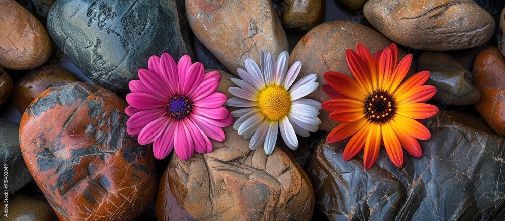 Poster studio shot of polished granite stones featuring small flowers. with copy space image. place for add