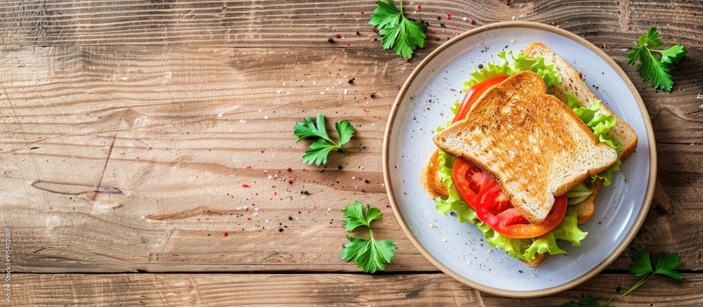 Poster Top view of a toast sandwich on a plate with a background of copy space