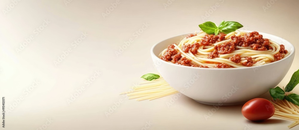 Poster italian cuisine spaghetti with bolognese sauce in a white pasta bowl. with copy space image. place f