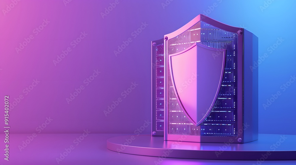 Poster futuristic server with shield symbolizing cybersecurity and data protection, illuminated by blue and