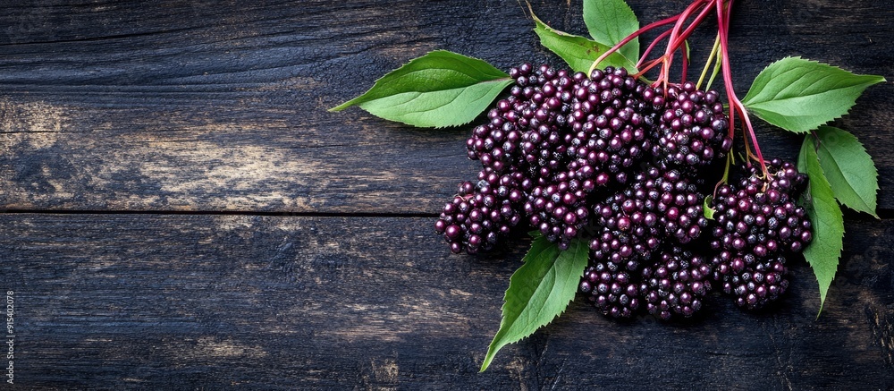 Aufkleber a cluster of elderberry fruits on a black wooden table. with copy space image. place for adding text