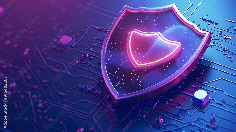 Aufkleber futuristic shield glowing on a digital circuit board representing cybersecurity and advanced technol