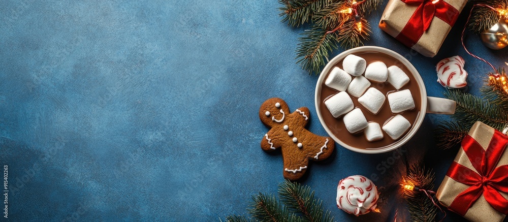 Poster cup of chocolate topped with marshmallows gingerbread cookies gifts and lovely christmas decorations