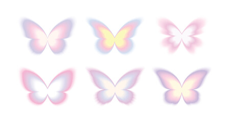 Set of abstract neon blur gradient butterfly shape in pastel color, y2k aesthetic, digital art element for social post, banner, poster.