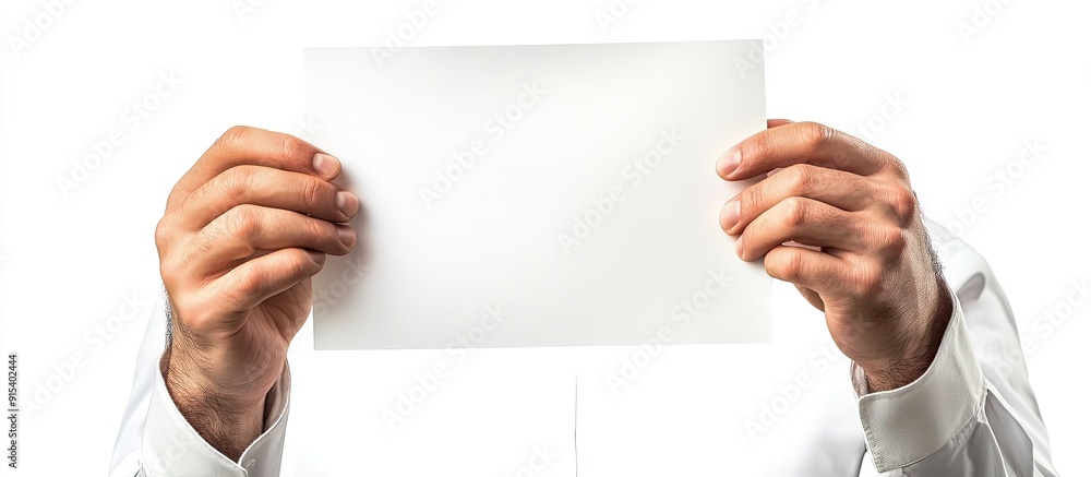 Poster Isolated male hands grasping a sheet of paper. with copy space image. Place for adding text or design